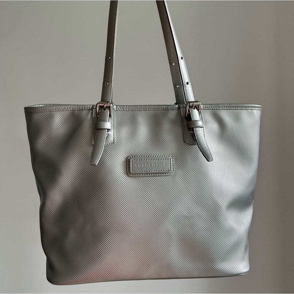 Longchamp Metallic Silver Leather Tote
